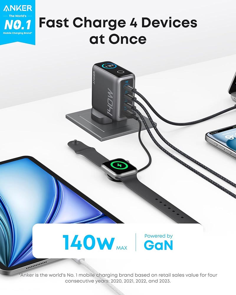 Anker 140W Charger (4-Port, PD 3.1) with USB-C Cable